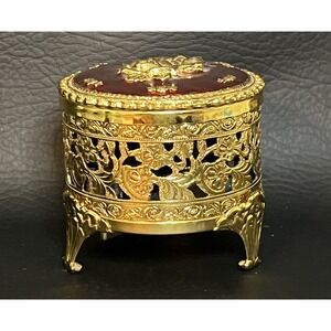 VTG 1928 Gift Accessory Co. Music Box Gold Regency Deep Coral Top Gold Roses